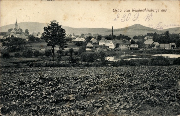 Postcard Elstra in Upper Lusatia Saxony, view of windmill mountains, landscape with houses and church