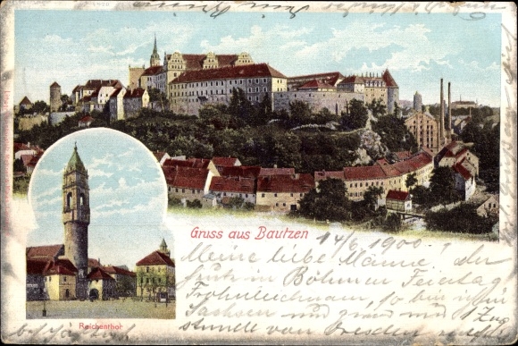 Ak Bautzen in der Lausitz, totaalaanzicht van de stad, Reichentor, stadhuistoren
