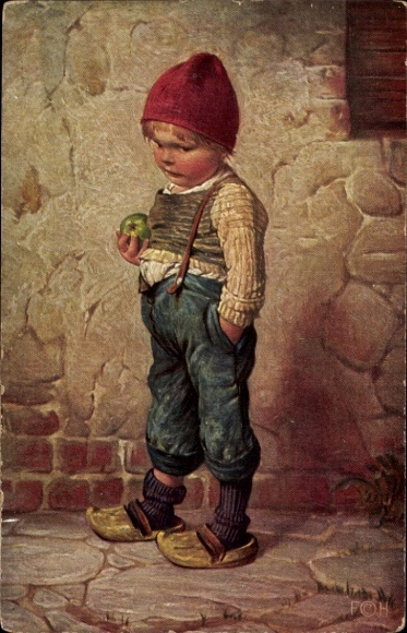 Artist Postcard Kaulbach, Hermann, Hansel, Little John, Child with Apple