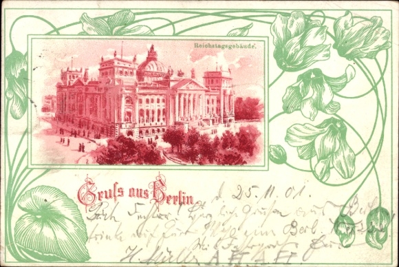 Jugendstil Passepartout Litho Berlin Tiergarten, Reichstagsgebäude