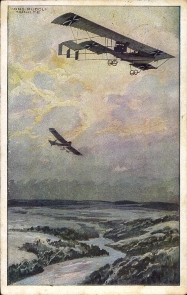 Artist Postcard Schulze, Hans Rudolf, Military biplane on reconnaissance mission over the Argonne Forest