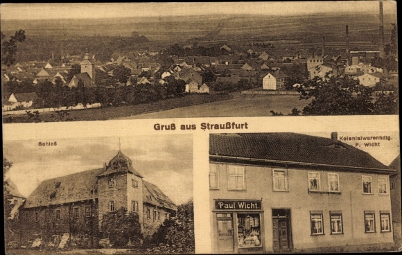 PC Straußfurt in Thuringia, colonial goods store P. Wicht, castle, general view