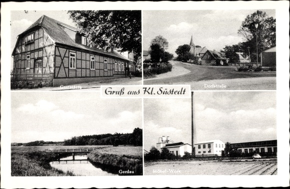 Postcard Klein Südstedt Uelzen in Lower Saxony, restaurant to the lime tree, village street, Gerdau, furniture factory