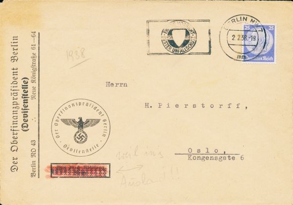 Michel 522 on foreign letter to Oslo Norway, 2.2.1938