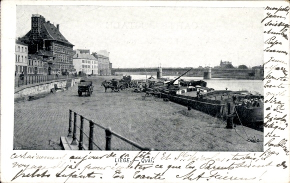 Postcard Liège Liège Wallonia, river view, ships, harbor, horse-drawn carriage
