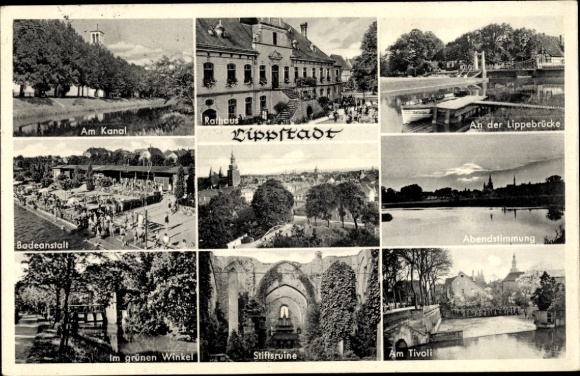 Postcard Lippstadt in Westphalia, canal, swimming pool, Grüner Winkel, town hall, Lippe bridge, Tivoli