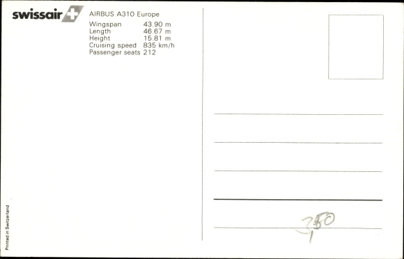 Postcard Swiss passenger aircraft, Swissair, Airbus A310 Europe