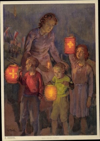 Künstler Ak Hodel, E., Schweiz, Bundesfeier 1947, Frau, Kinder, Lampions