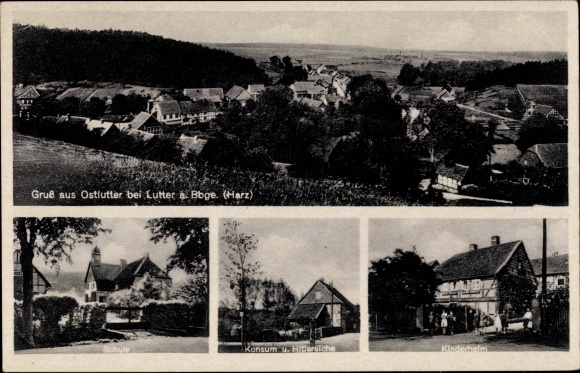 Postcard Ostlutter Lutter am Barenberge Harz foreland, panorama, school, consumption, Hitler oak, children&#39;s home