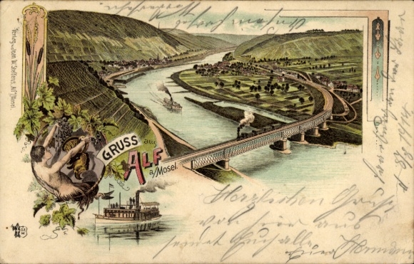 Litho Alf an der Mosel, Panorama, Eisenbahnbrücke, Dampfschiff