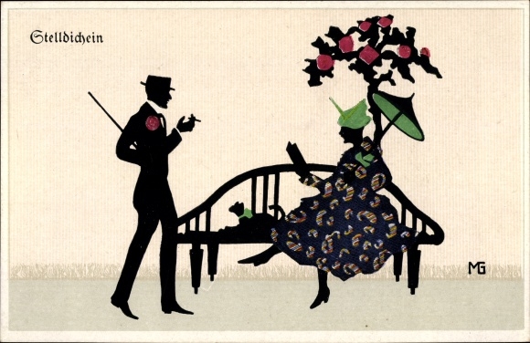 Paper cut Postcard Graf, Marte, Fasto silhouettes, rendezvous, man and woman on a bench, dog