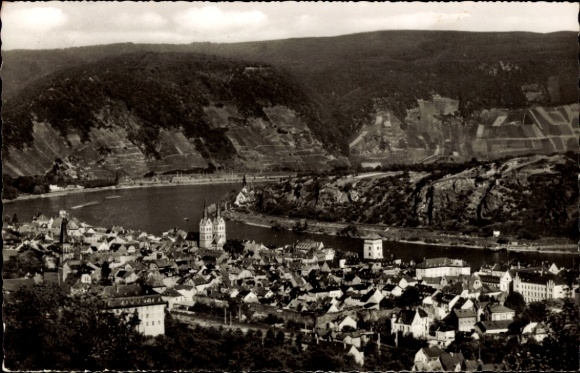 Postcard Boppard am Rhein, view of the Rhine, chairlift, landscape, buildings