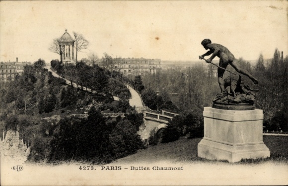 Ak Paris XIX Buttes Chaumont, park, sculptuur