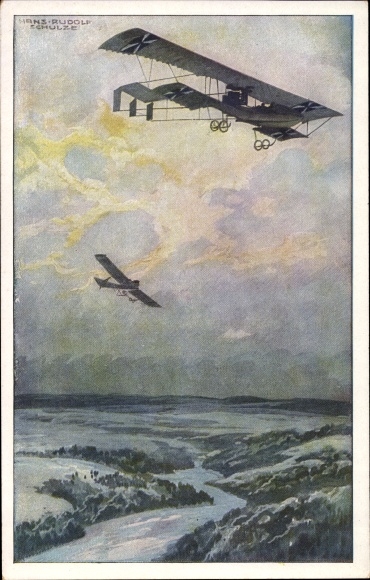 Artist PC Schulze, Hans Rudolf, military biplane on a reconnaissance trip over the Argonne Forest