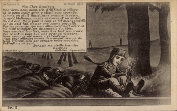 Ak Soldat mit Gewehr und Kasperpuppe, Guignol, Gedicht, 1. WK