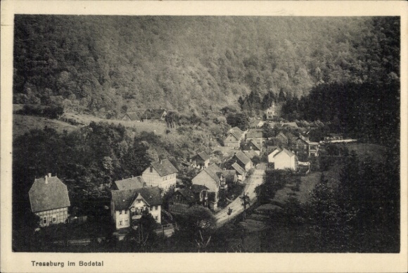 Ak Treseburg Thale im Harz, Berglandschaft, Dorfansicht, Häuser, Bäume
