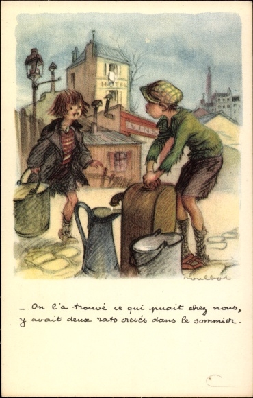 Artist PC Poulbot, Francisque, boy at the water pump, girl comes with a bucket