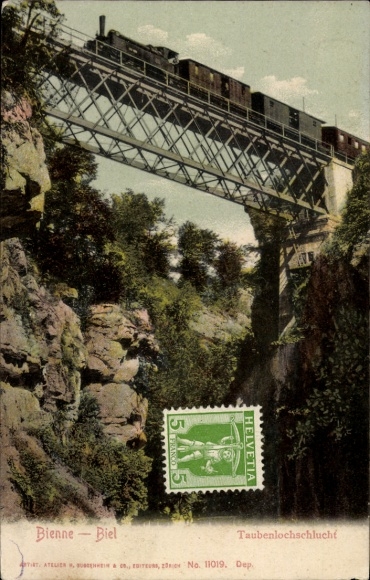 Postcard Biel Bienne Kt. Bern, Taubenloch Gorge, Railway Bridge