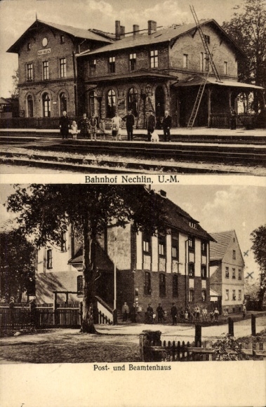 Postcard Nechlin in the Uckermark, train station, track side, post office and civil servants' house, station restaurant