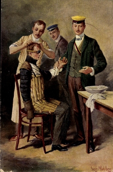 Studentika Artist Postcard Mühlberg, Georg, Rejection after the Mensur