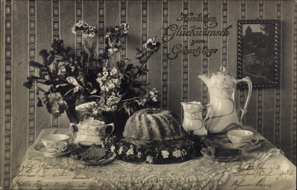 Postcard congratulations birthday, cupcake, bouquet of flowers, coffee table
