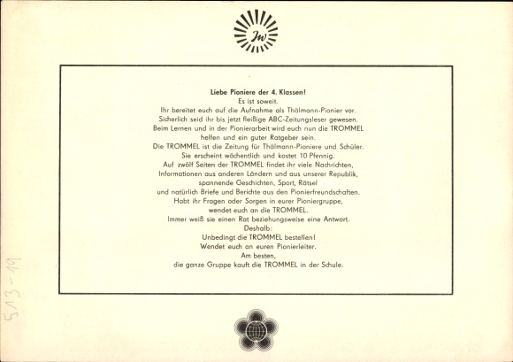 Timetable DDR Trommler Zeitung for Thälmann pioneers and students, supplement around 1970