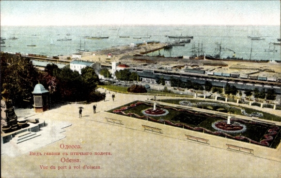 Ak Odessa Ukraine, Hafenansicht,  Meer, Schiffe, botanischer Garten, kolorierte 