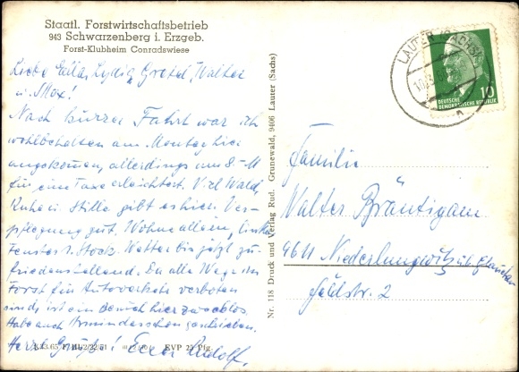 Postcard Conradswiese Lauter Bernsbach Ore Mountains, forest club home, forestry enterprise Schwarzenberg