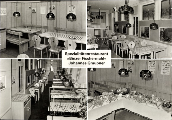 Ak Seebad Binz auf Rügen, specialiteitenrestaurant Binzer Fischermahl binnenaanzicht