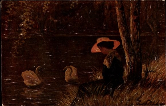 Postcard Ort Kochel am See Oberbayern, A woman sits on the shore of a lake and looks at two swans...