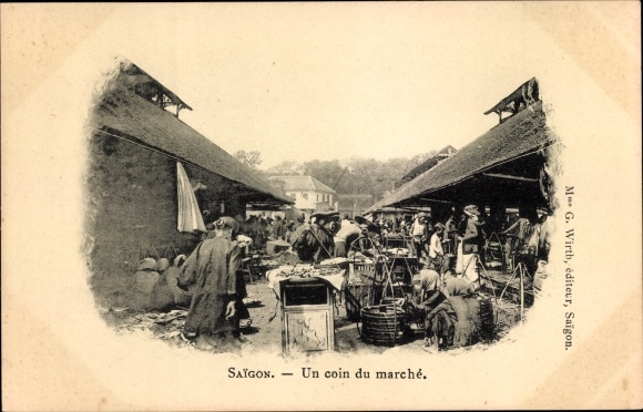 Postcard Saigon Cochinchina Vietnam, A corner of the market, Marktszene