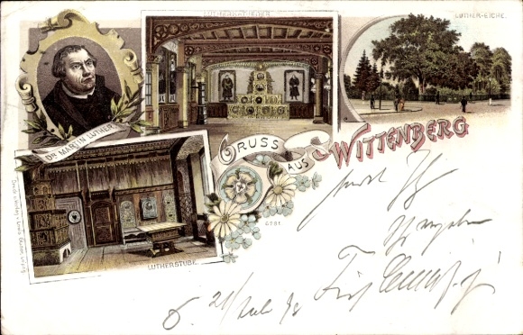 Postcard Lutherstadt Wittenberg, Martin Luther, Wittenberger Stube, Luther Oak, graphics