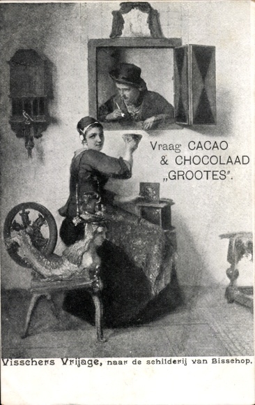 Ak Frau am Spinnrad, Volkstrachten, Werbung Cacao & Chocolaad Grootes