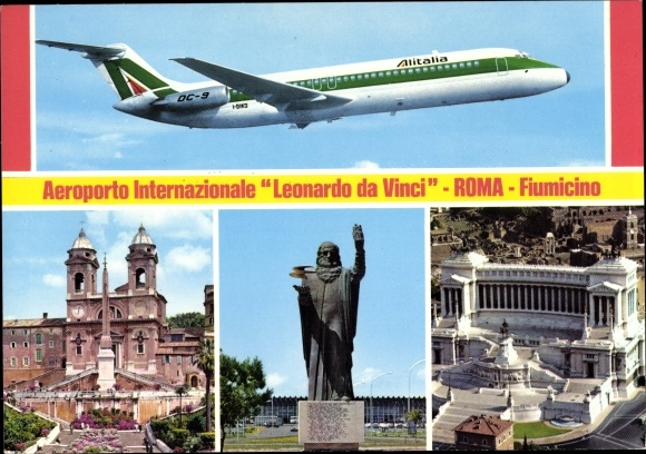 Postcard Fiumicino Rome Rom Lazio, Passagierflugzeug Alitalia DC 9, Flughafen Leonardo da Vinci