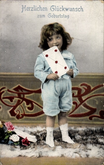 Postcard congratulations birthday, boy with letter, flowers