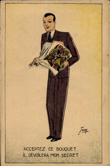 Postcard Dresden Altfranken, man with bouquet of flowers Text: Accept this bouquet and reveal my secret