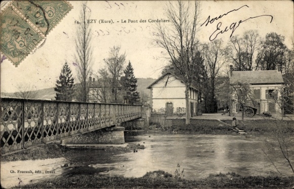 Postcard Ézy Eure, bridge, landscape, building, nature, winter