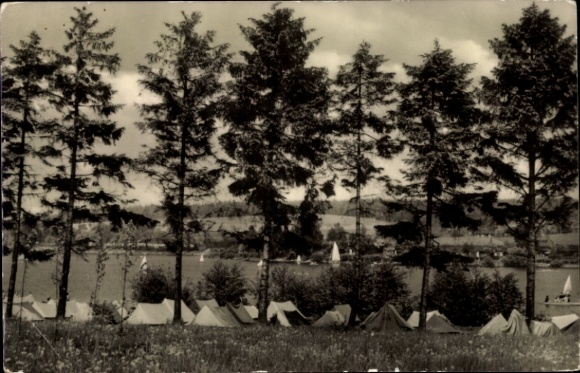 Postcard Malter Dippoldiswalde, campsite at Maltersee, dam