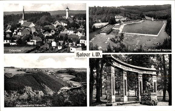Ak Halver in Westfalen, Herpine lido, bergpanorama Hälvertal, gedenkteken