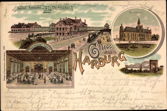Chromo-Litho Hamburg Harburg, train station restaurant, waiting room, town hall, Elbe bridge