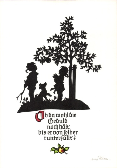 Scherenschnitt Künstler Ak Plischke, G., Kinder, Obstbaum, Hund