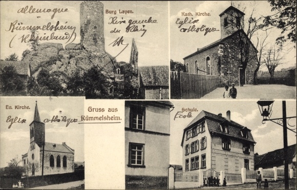 Postcard Rümmelsheim Rhineland Palatinate, Layen Castle, Catholic and Protestant church, school