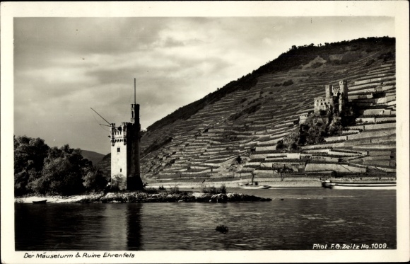 Postcard Rüdesheim am Rhein, Ehrenfels ruins, mouse tower