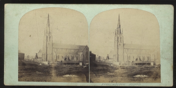 Stereo photo Manchester, St. Simeon Church, street scene after flood disaster, around 1880