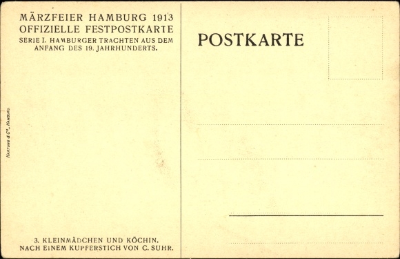 Artist Postcard Suhr, C., little girl and cook, Hamburg traditional costumes from the 19th century, March celebration 1913