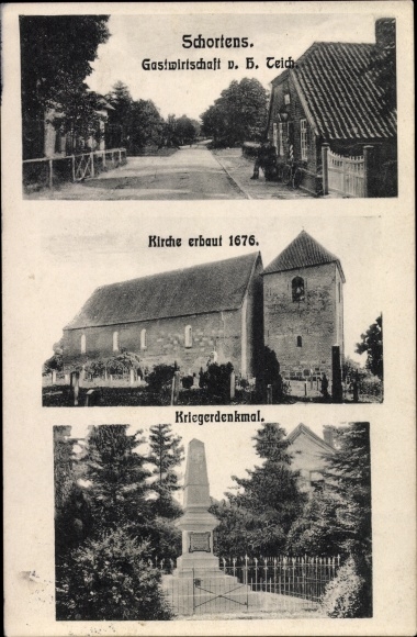 Postcard Schortens in Ostfriesland, inn, church, war memorial