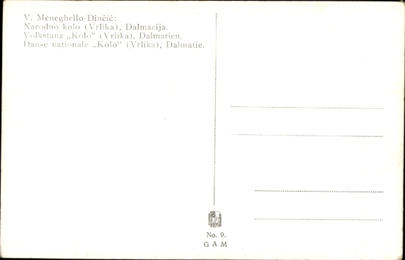 Artist Postcard Meneghello Dincic, V., Dalmatia, folk dance Kolo, Vrlika