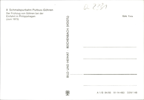 Postcard Schmalspurbahn Putbus Göhren, The early train from Göhren at the entrance to Philippshagen