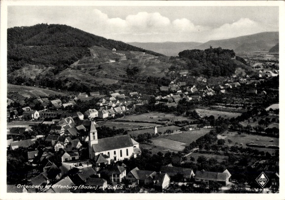Postcard Offenburg in Baden Black Forest, panoramic view of Ortenberg, church, castle, rural land