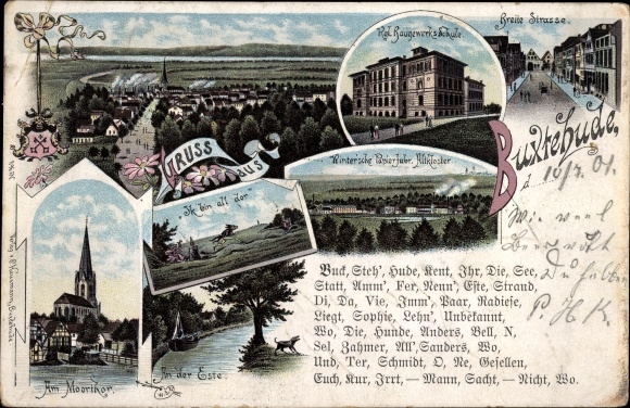 Postcard Buxtehude in Lower Saxony, Breite Straße, Am Moortor, An der Este, Baugewerksschule
